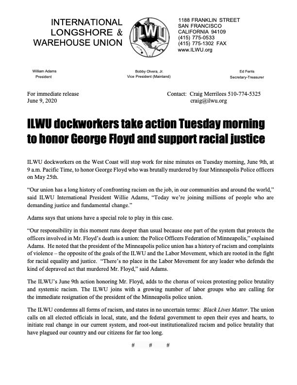 ILWU 6/9 2020 Dockworker Action