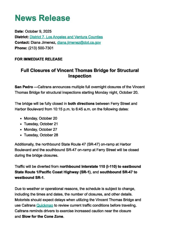 Full Closure Vincent Thomas Bridge